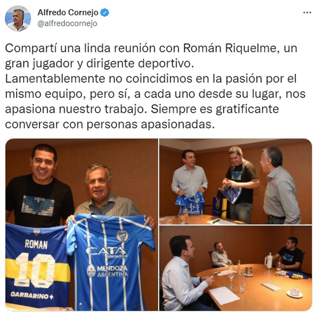 Reunión entre Alfredo Cornejo y Juan Román Riquelme.