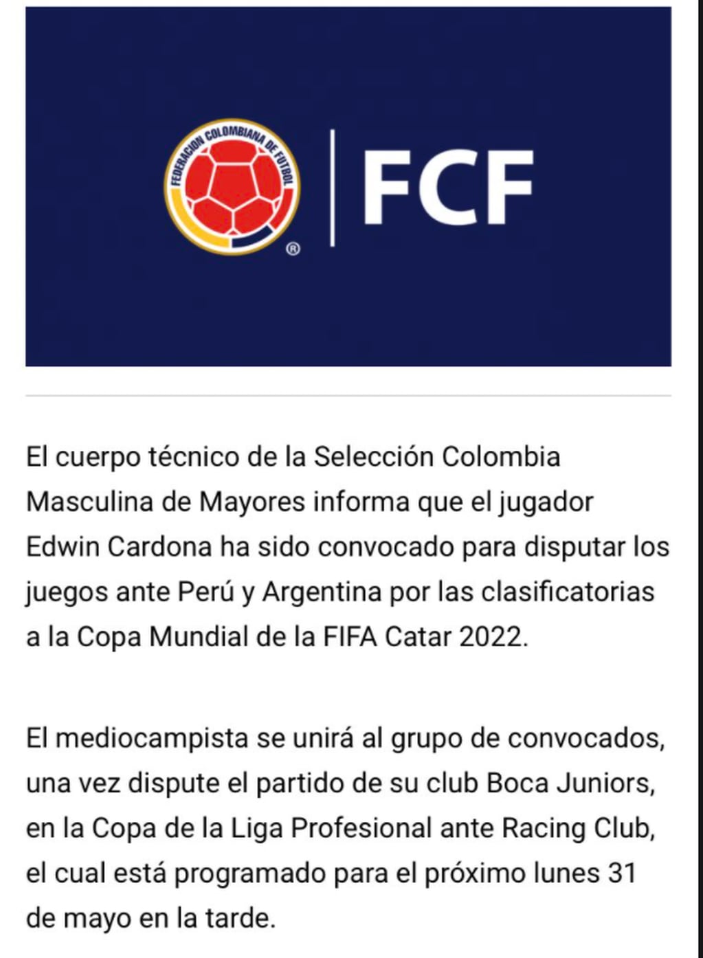 El comunicado de la Federación Colombiana de Fútbol.