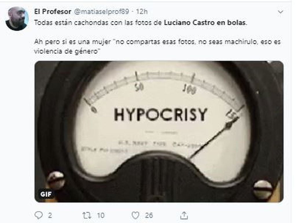 Los usuarios de Twitter denuncian hipocrecía frente a la catarata de memes que aplauden las fotos hot de Luciano Castro (Foto: Captura de Twitter)