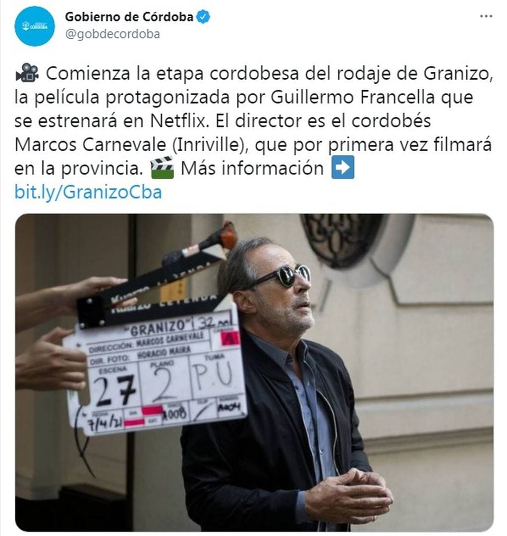 Tuit con el inicio de la película Granizo protagonizada por Guillermo Francella.