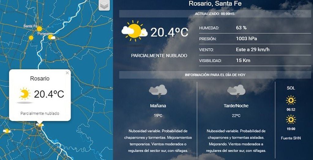 El clima para este domingo en la ciudad de Rosario. (SMN)