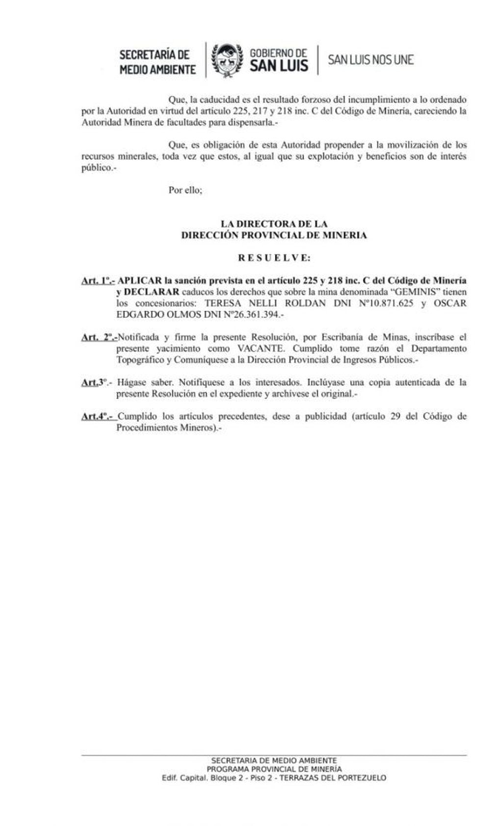 Resolución de la Secretaría de Medio Ambiente en San Luis