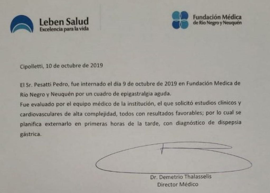 Informe del hospital respecto a la salud de Pedro Pesatti (web).