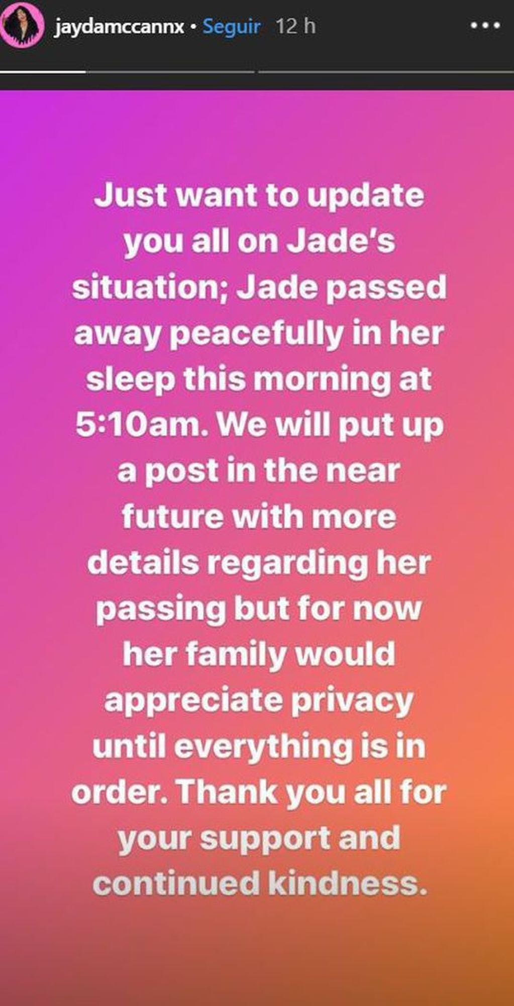 El mensaje de la faminia de Jayda para anunciar su fallecimiento (Foto: Instagram/ @jaydamccannx)