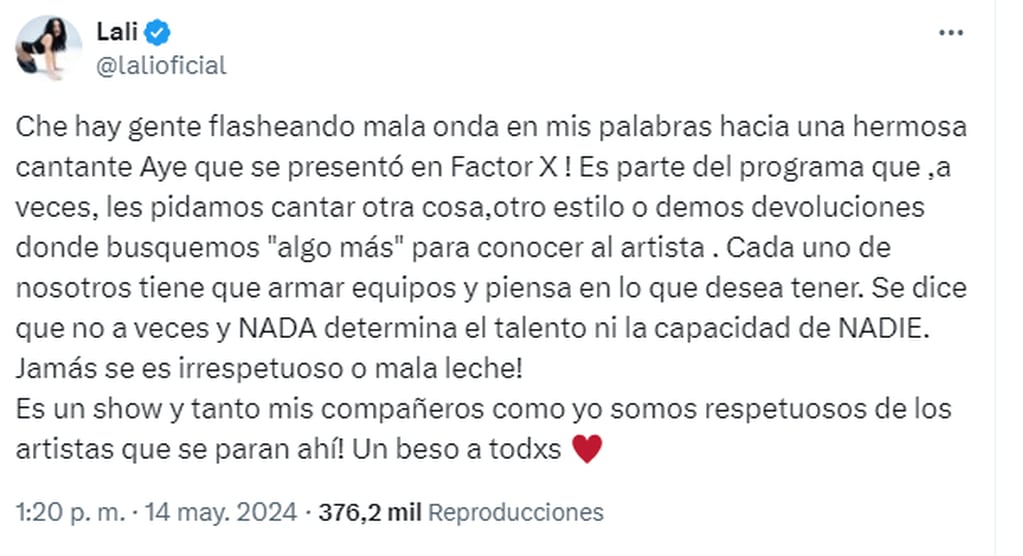 El descargo de Lali Espósito, tras las críticas sobre su actuación como jurado de “Factor X”