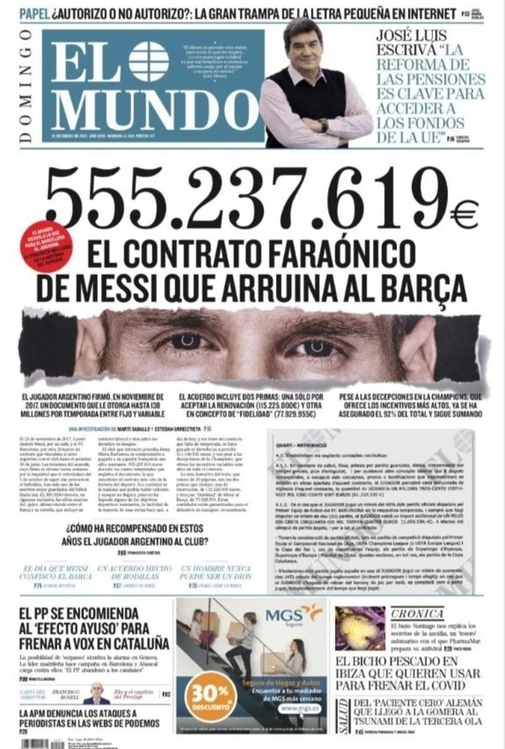 La portada del diario "El Mundo" de este domingo.