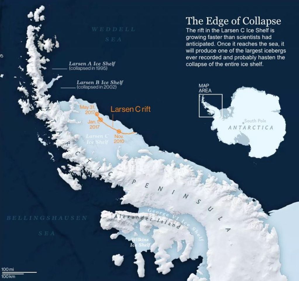 La grieta en la plataforma de hielo de Larsen C presenta un crecimiento mucho más rápido que el anticipado por los científicos. Una vez esta llegue a conectar con el mar, originará uno de los mayores icebergs jamás registrados. Foto: National Geographic