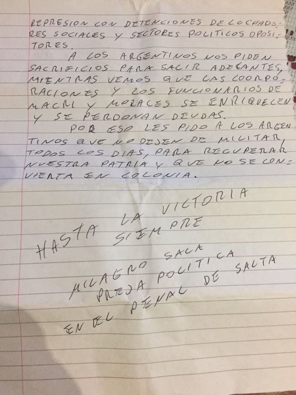 Carta escrita por la dirigente social Milagro Sala, encarcelada en el penal federal de Salta