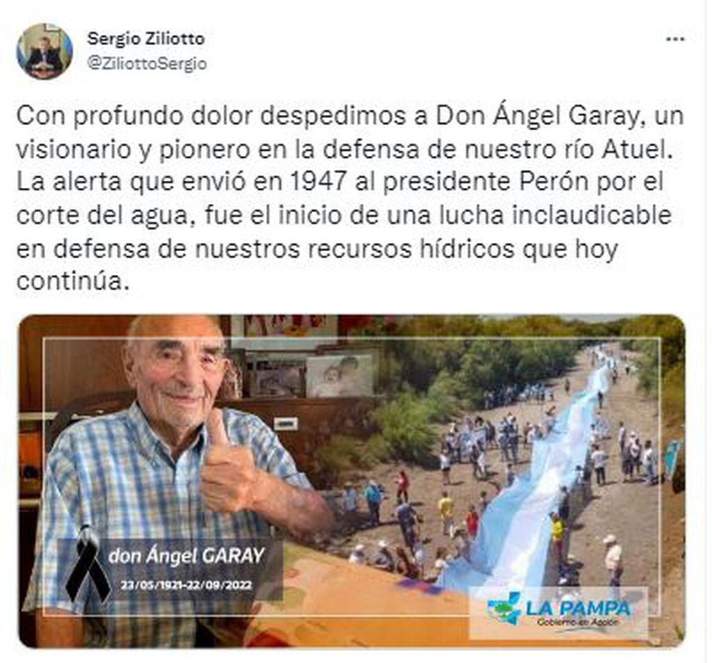 La noticia fue confirmada por el gobernador de La Pampa, Sergio Ziliotto, a través de Twitter.