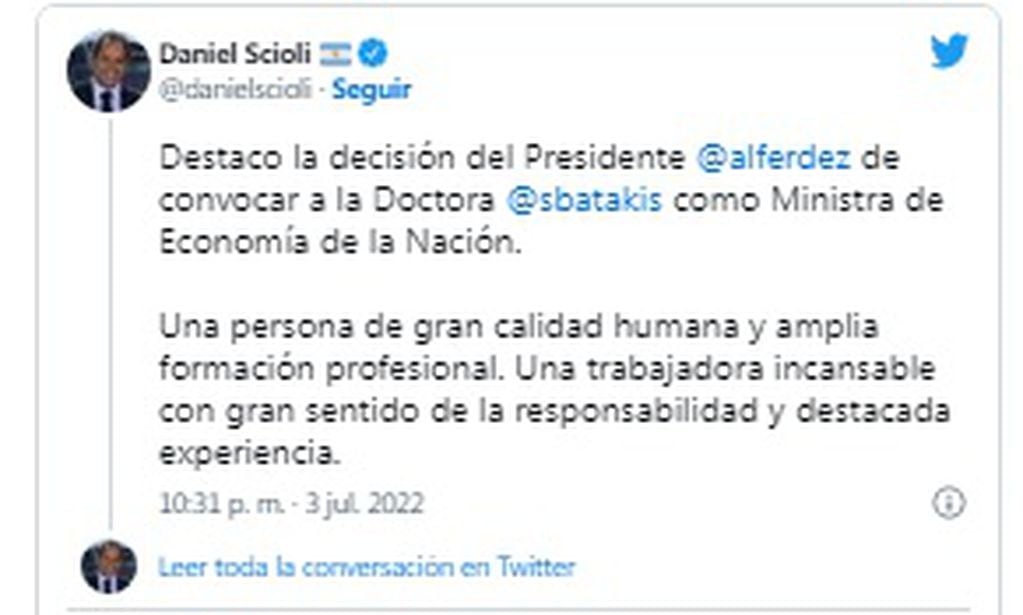 El tuit de Daniel Scioli sobre la designación de Silvina Batakis.