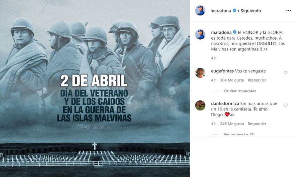 Diego Maradona recordó a los soldados argentinos que lucharon en la Guerra de Malvinas (Foto: captura Instagram)