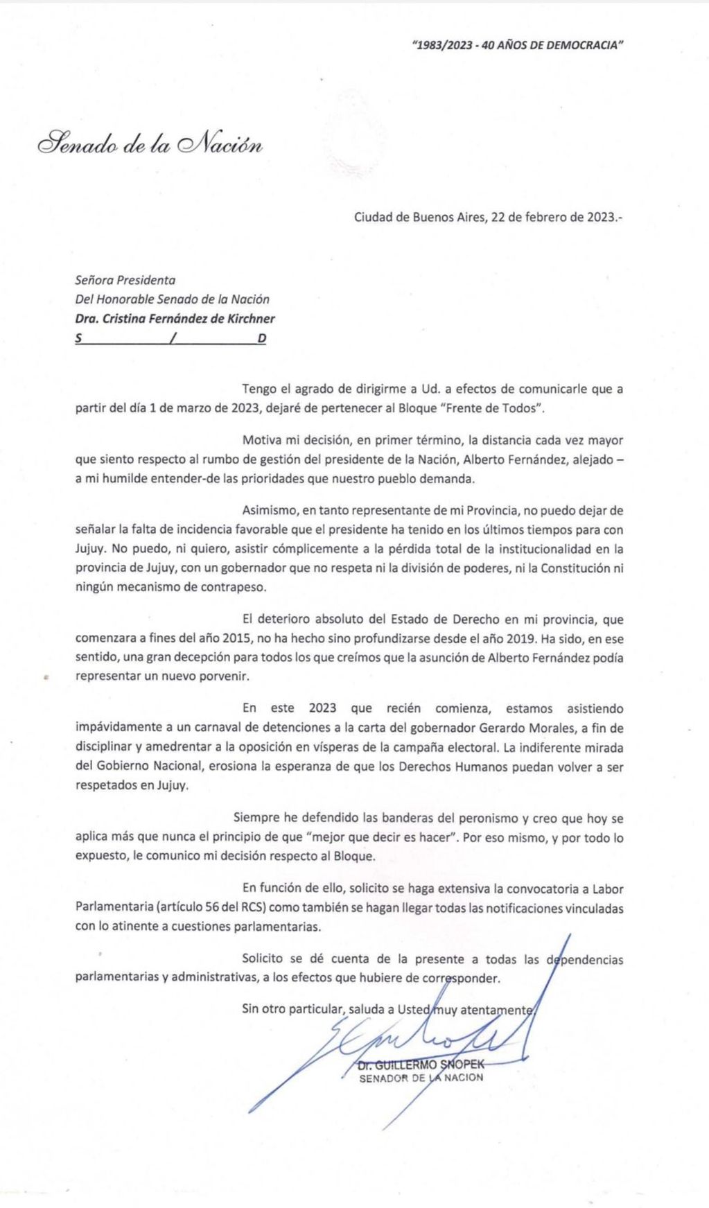 La carta que escribió el legislador jujeño Guillermo Snopek.