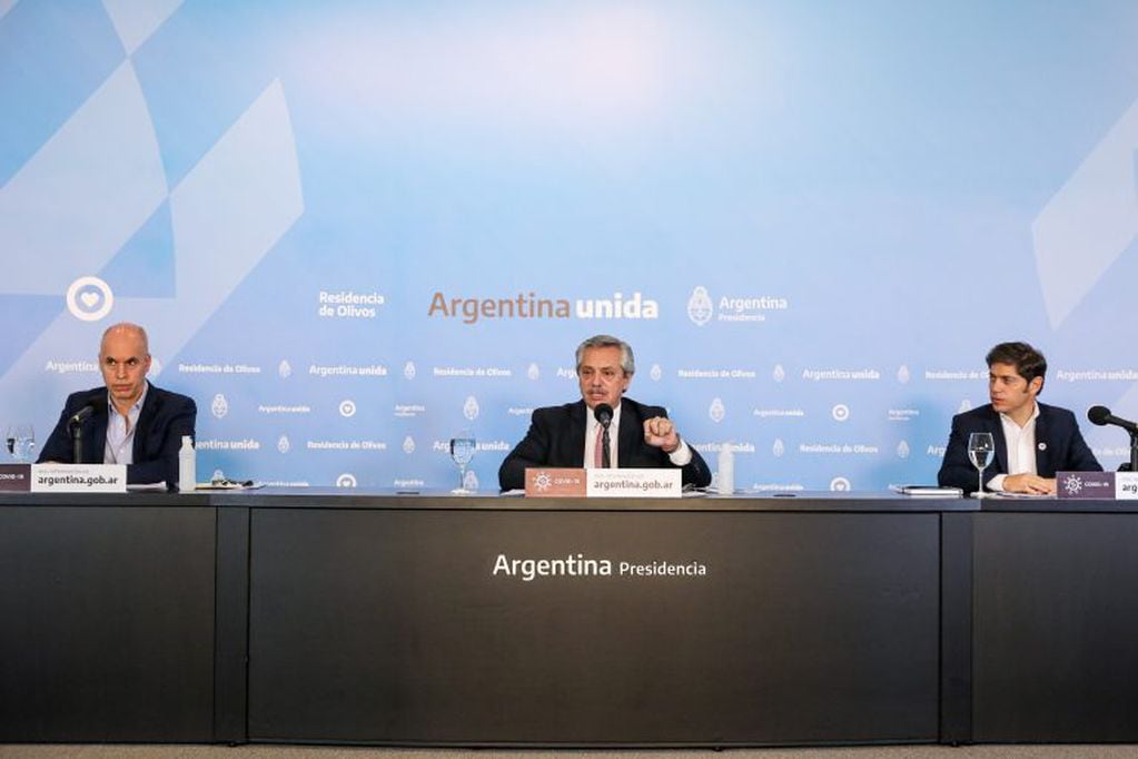 Conferencia de prensa de Alberto Fernández, Axel Kicillof y Horacio Rodríguez Larreta. (Foto: Presidencia)