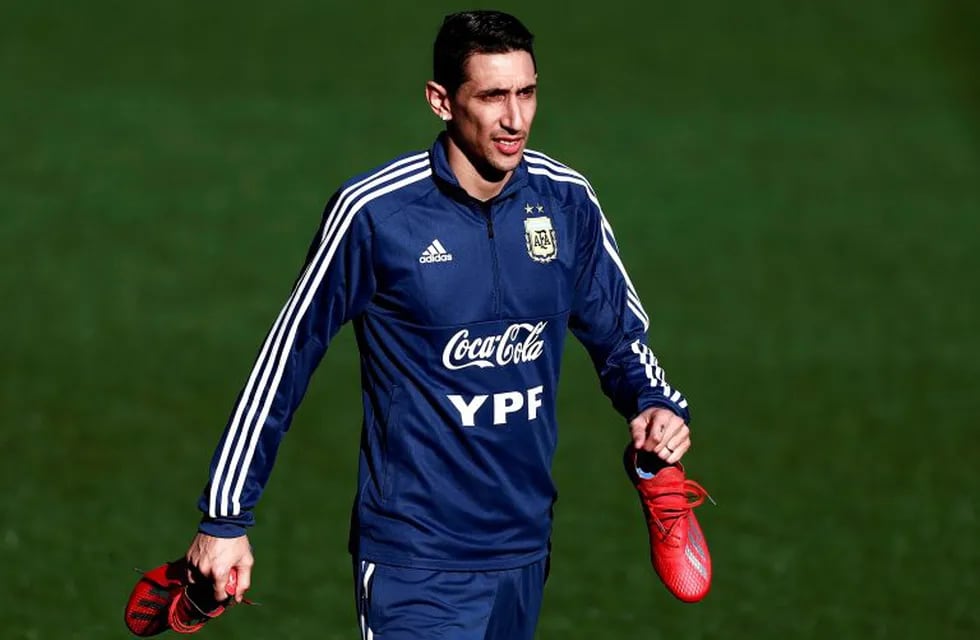 Argentina's midfielder Angel Di Maria attends a training session at Real Madrid's training facilities of Valdebebas in Madrid on March 20, 2019, ahead of an international friendly football match between Argentina and Venezuela in preparation for the Copa America to be held in Brazil in June and July 2019. (Photo by BENJAMIN CREMEL / AFP)