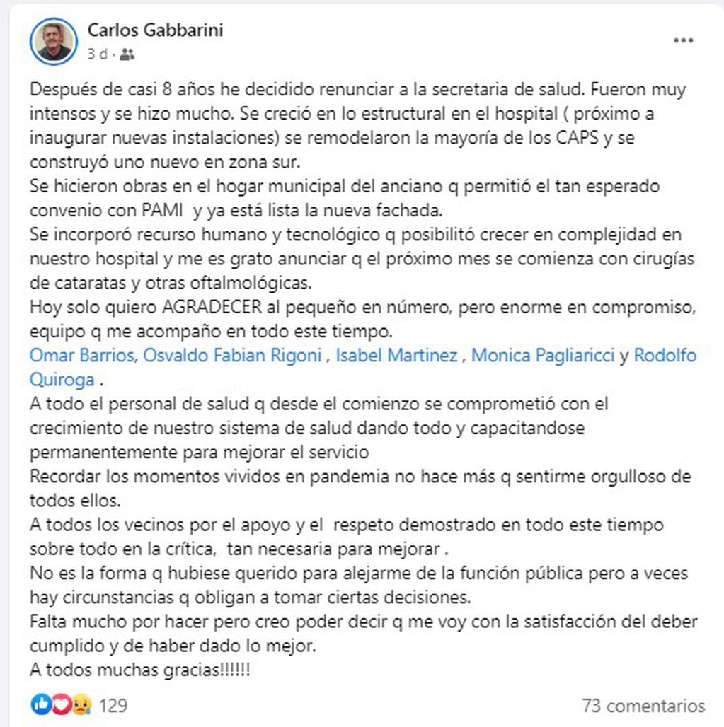 Carlos Gabbarini dio las razones por las que dejó la secretaría de Salud.