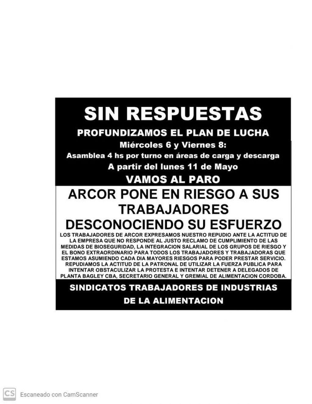 El STIA Arroyito realiza reclamos en las porterías de ARCOR
