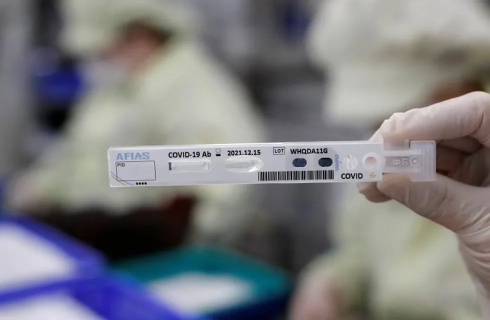 An employee holds up an antibody test cartridge of AFIAS COVID-19 Ab testing kit used in diagnosing the coronavirus for a photograph on a production line of the Boditech Med Inc. in Chuncheon, South Korea, Friday, April 17, 2020. Boditech Med recently started exporting its antibody-based virus test kits to various countries. (AP Photo/Lee Jin-man)