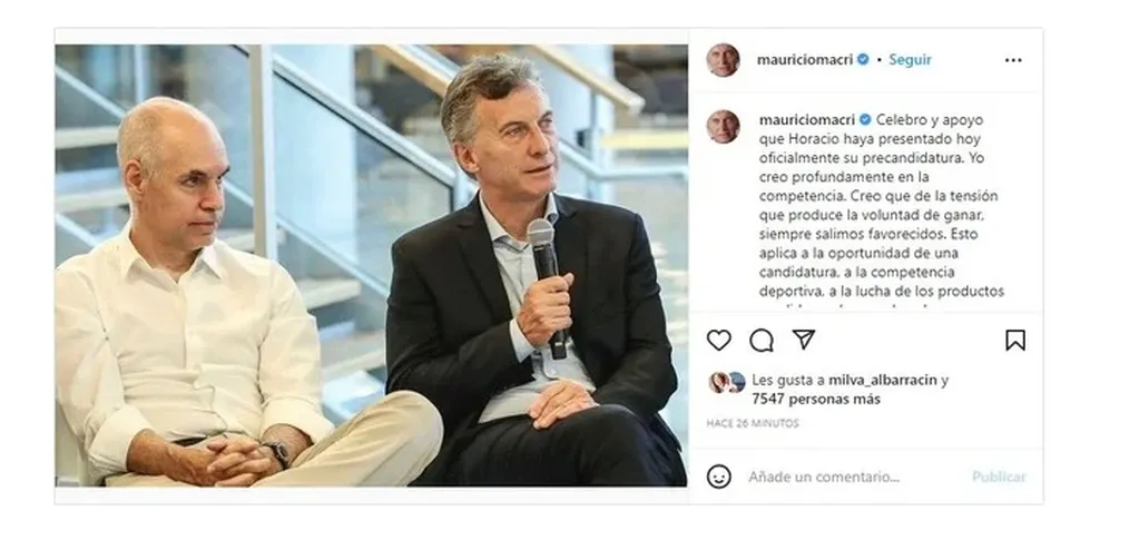 Posteo de Macri sobre la precandidatura presidencial de Horacio Rodríguez Larreta. Foto: Instagram/@mauriciomacri