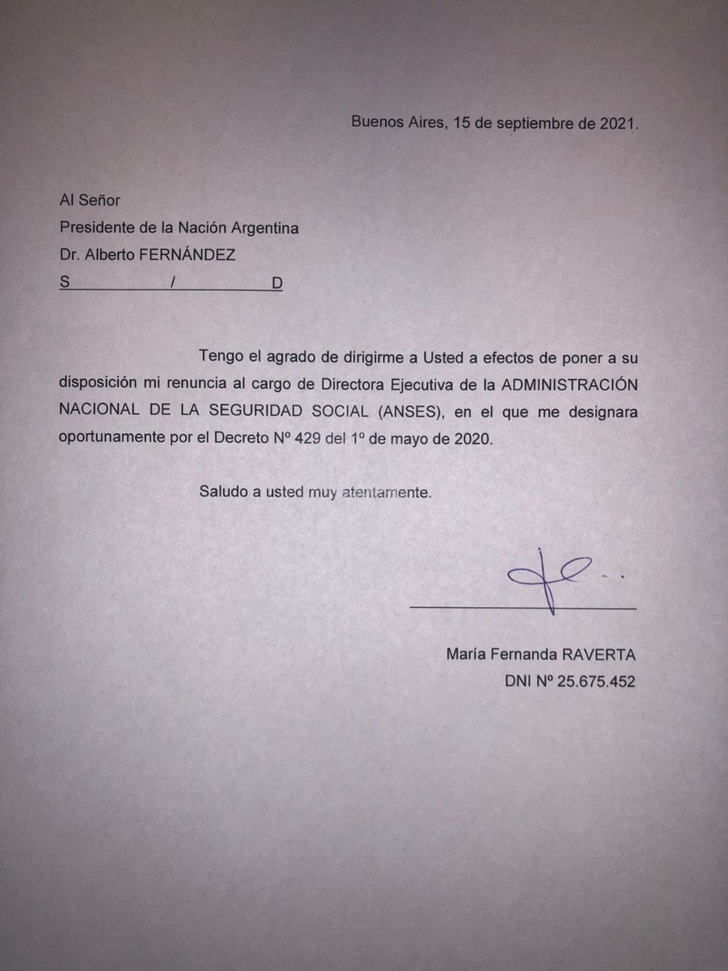 La renuncia de Fernanda Raverta.