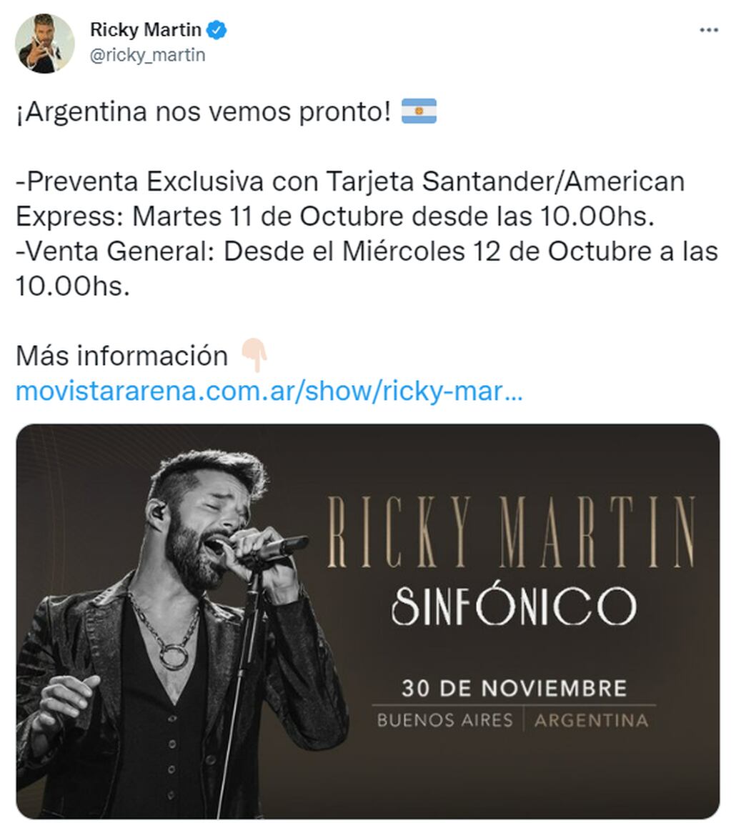 Ricky Martin confirmó que dará un show en la Argentina.