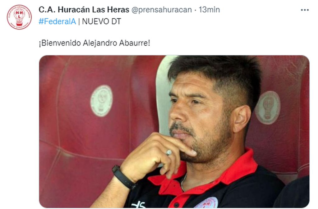 Alejandro Abaurre fue confirmado como nuevo técnico de Huracán Las Heras.