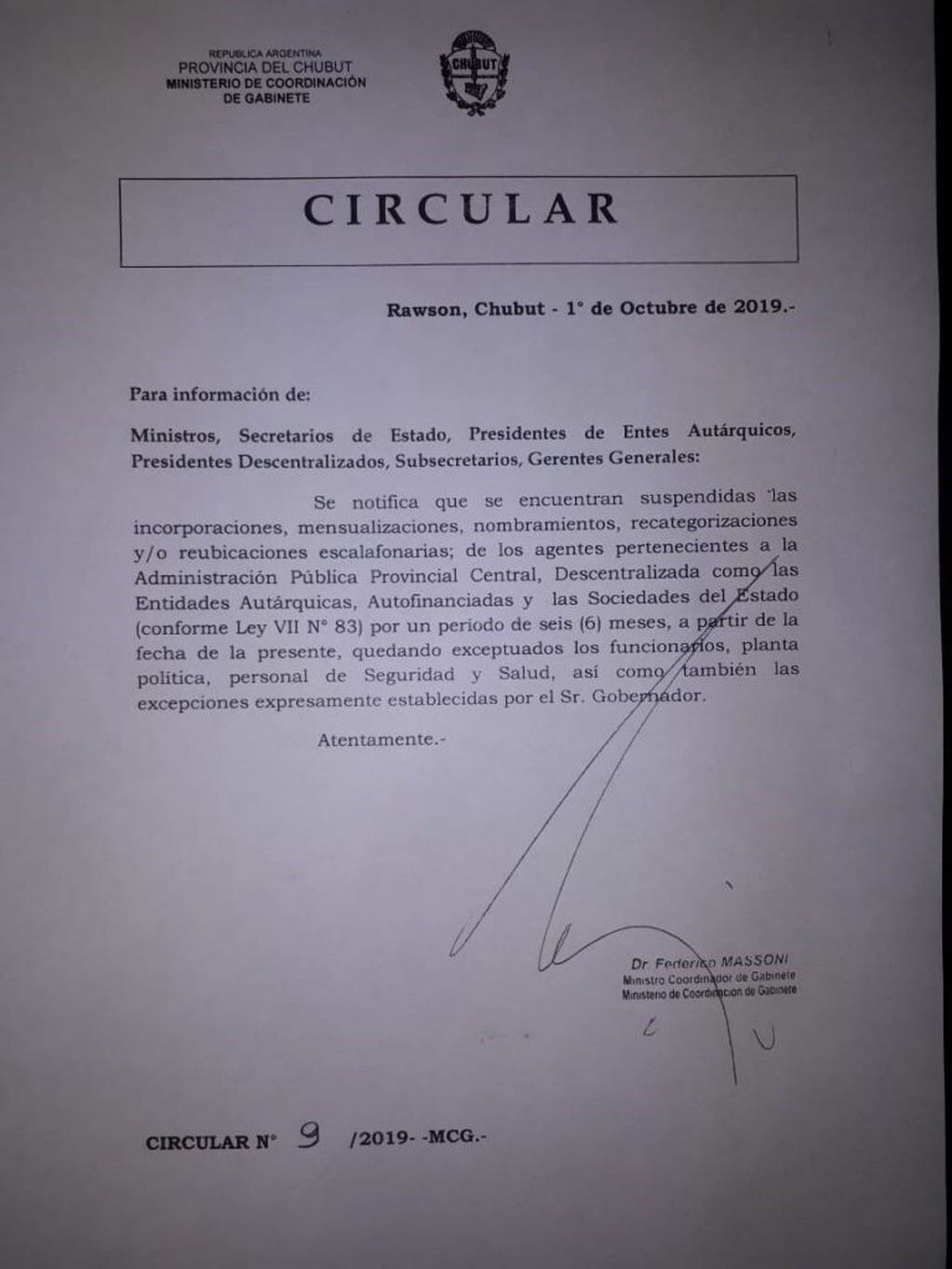 Circular firmada por el ministro Massoni.