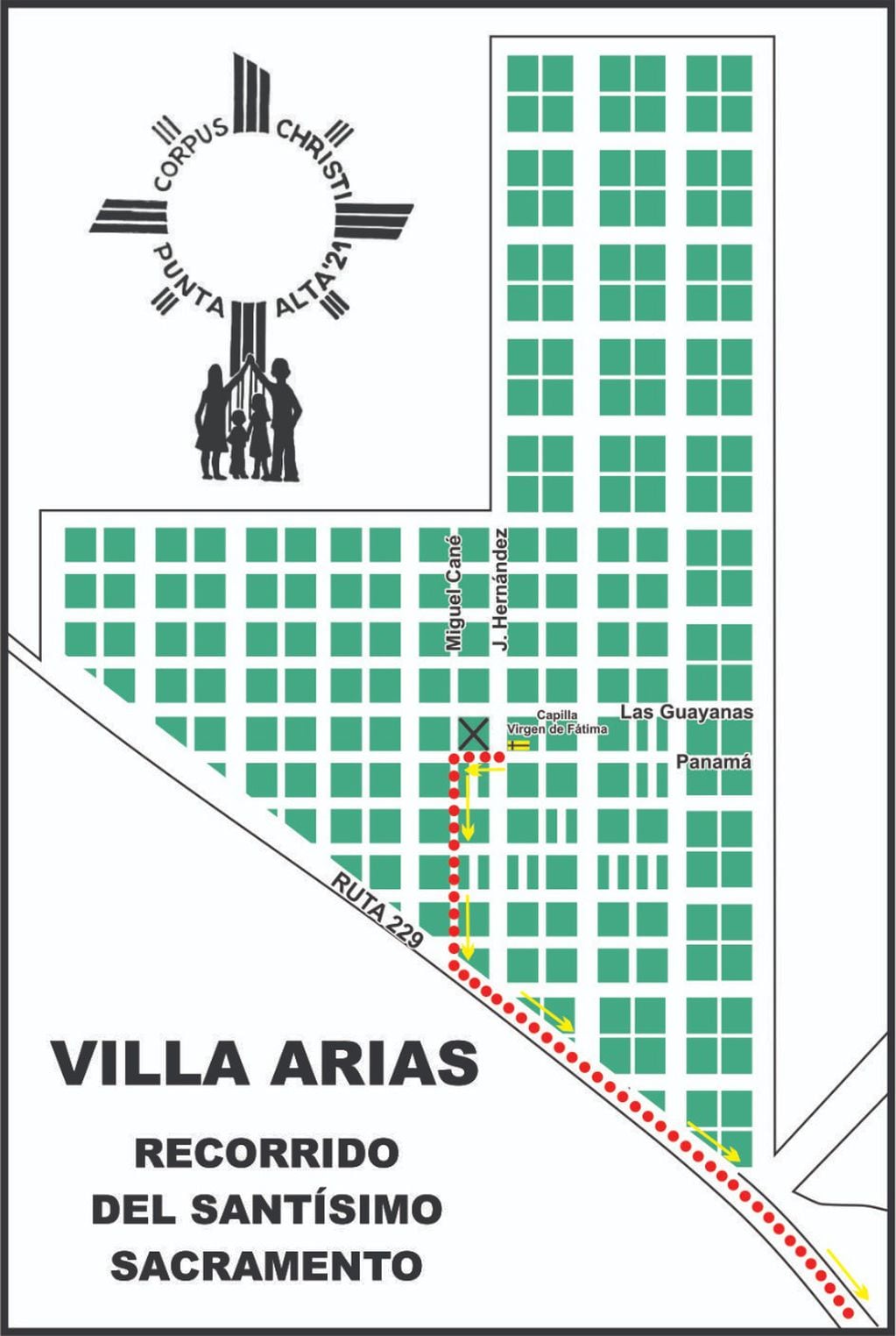 Recorrido de la procesión con el Santísimo Sacramento por las calles de Coronel Rosales