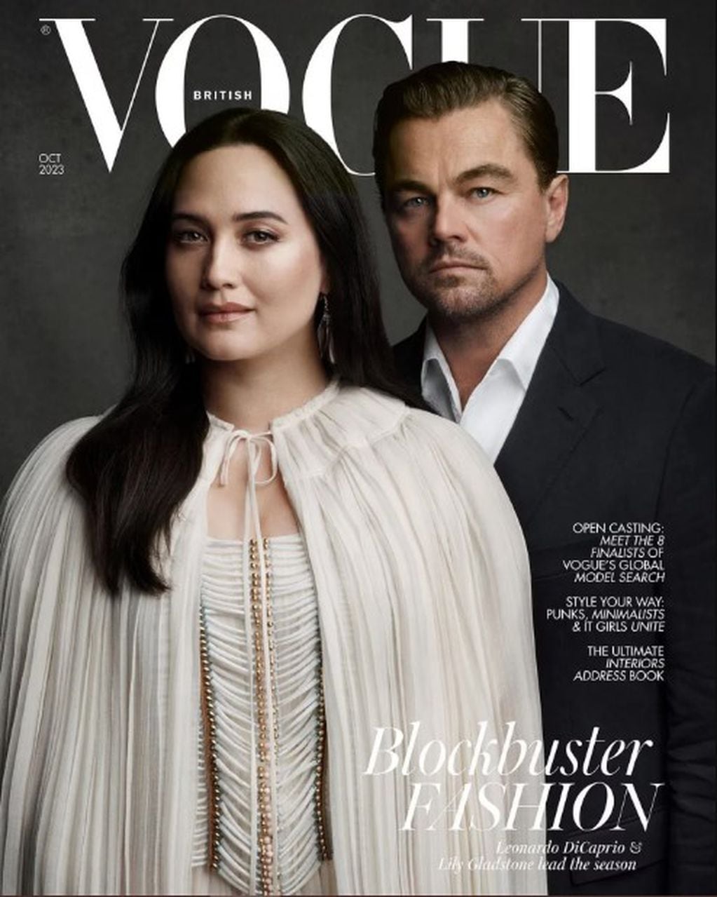 Leonardo DiCaprio y Lily Gladstone en la edición británica de Vogue.