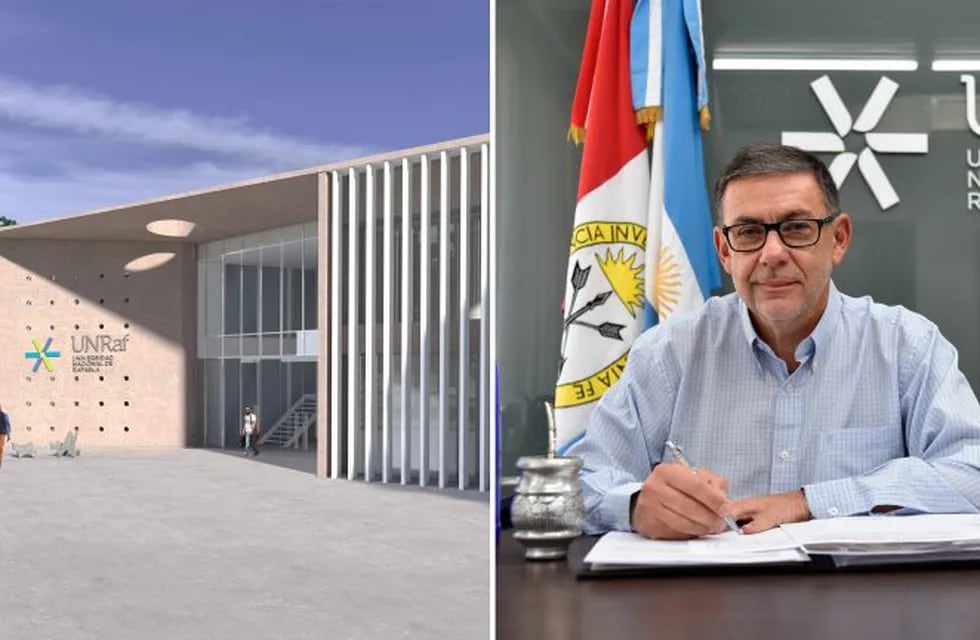 El proyecto de obra del primer edificio del campus puesta en marcha en 2019 y el Rector de la UNRaf, Dr. Rubén Ascúa. (Prensa Universidad Nacional de Rafaela)