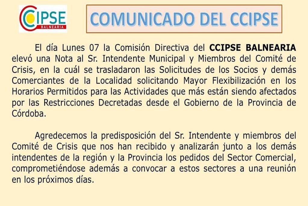 Comunicado del CCIPSE, Balnearia, para el Intendente Municipal, Miguel Méndez y el Comité de Crisis.  Ocho de junio.