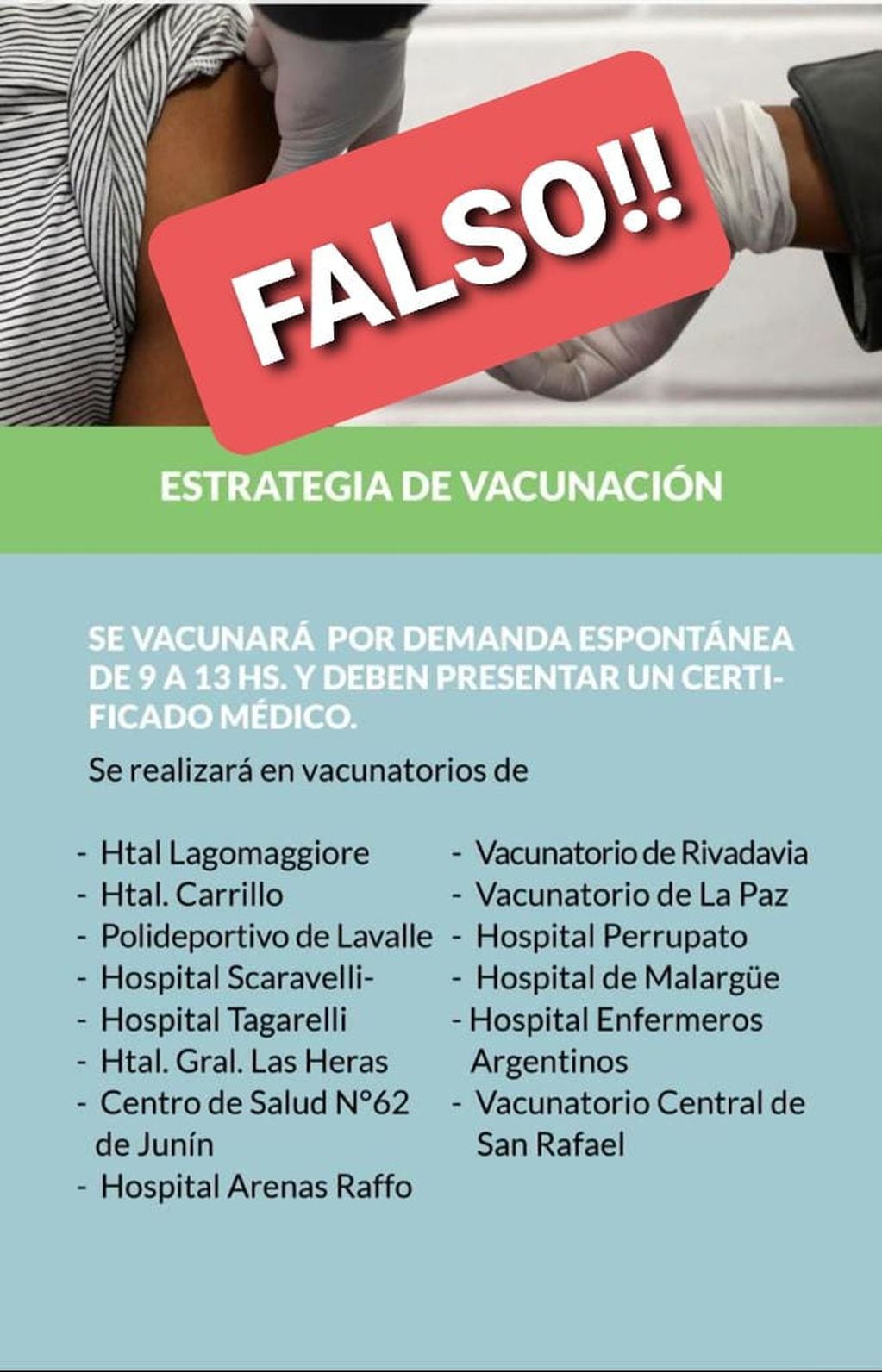Advierten por una cadena falsa en la que se llama a presentarse espontáneamente, sin turnos, para ser vacunados en hospitales y centros de salud de Mendoza.
