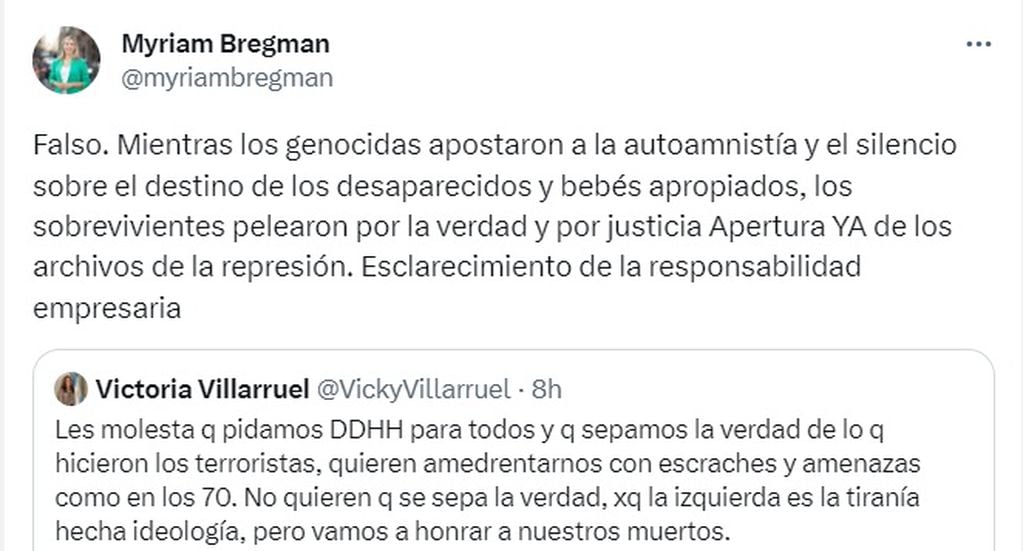 La respuesta de Myriam Bregman a la argumentación de Villarruel.