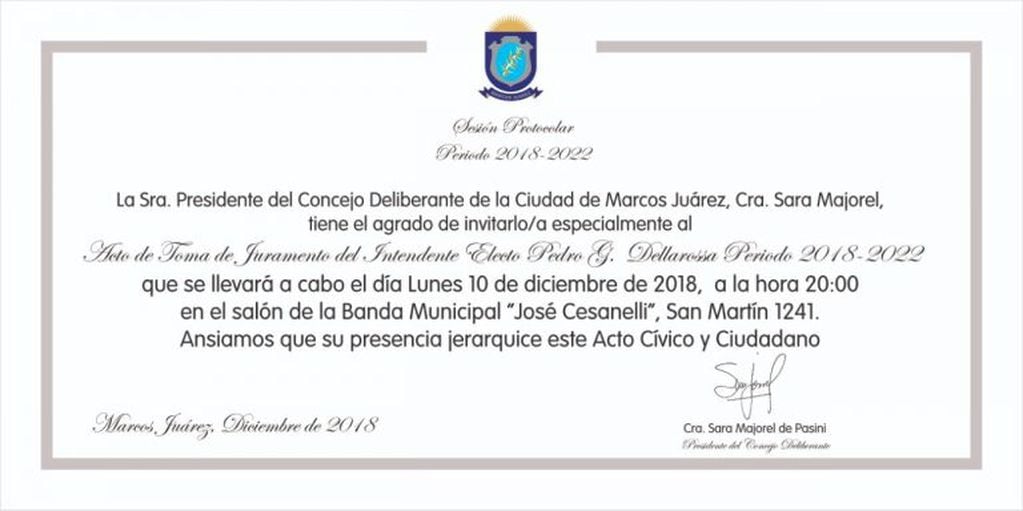 Invitación oficial al acto de asunción de Pedro Dellarrosa