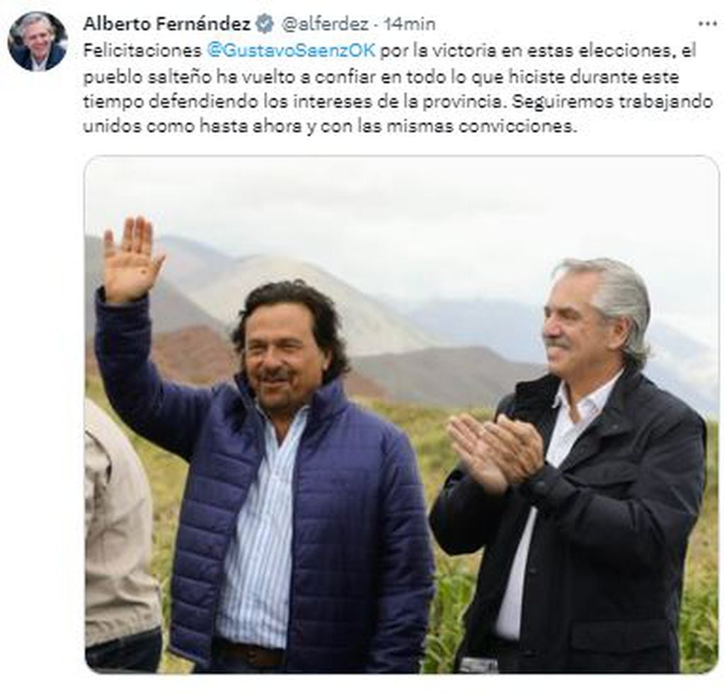 Alberto Fernández felicitó a Sáenz, gobernador reelecto en Salta.