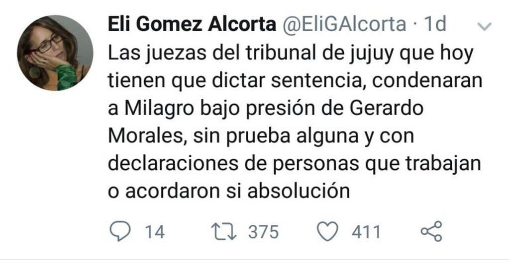 Declaraciones de la abogada de Milagro Sala en Twitter