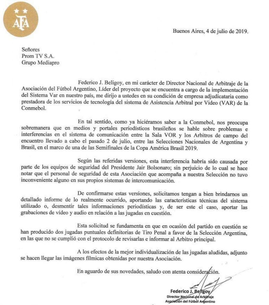 La carta de la AFA a Mediapro.