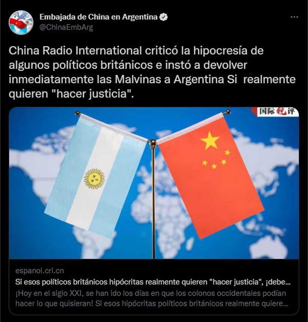 Tuit de la Embajada de China en Argentina