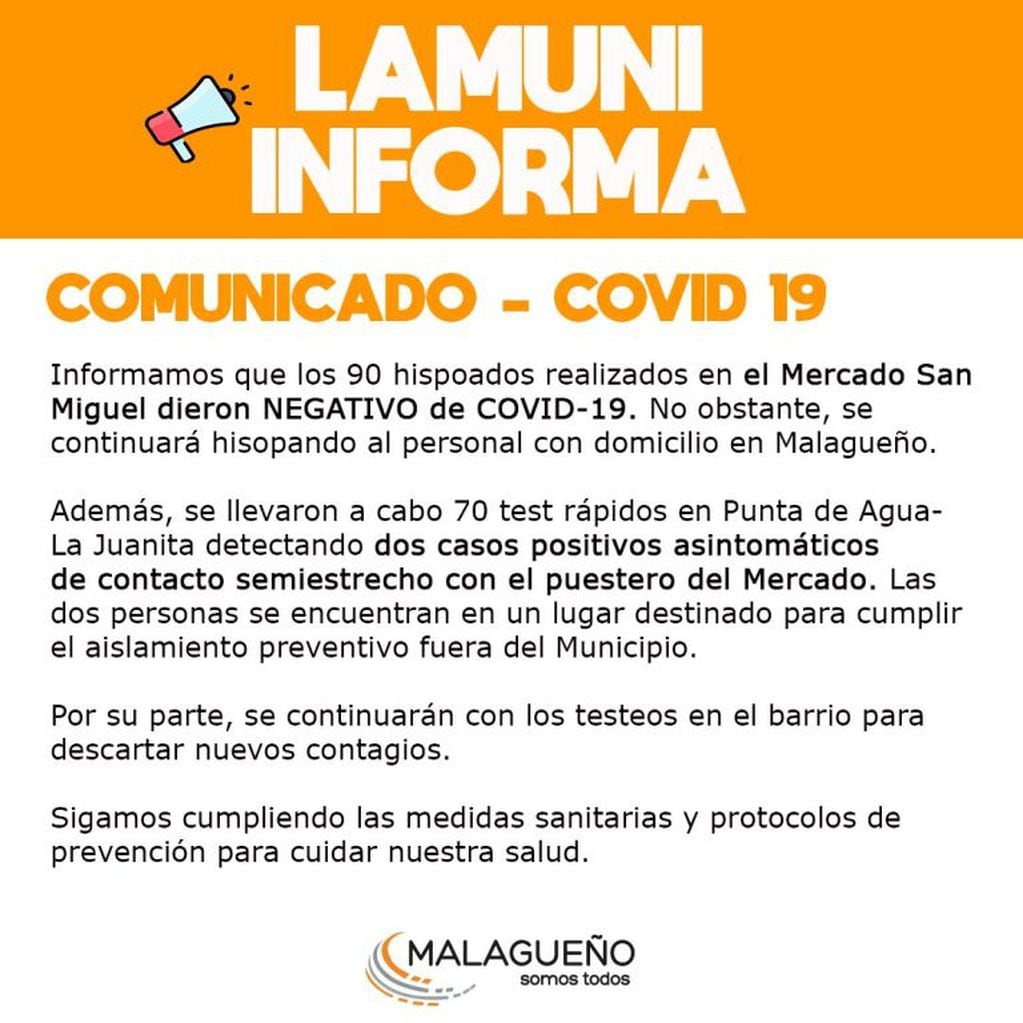 Comunicado de la Municipalidad de Malagueño. (31/07/2020).