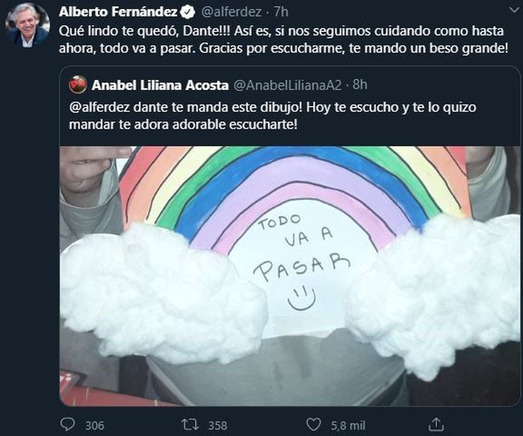 Alberto Fernández respondió y agradeció mensajes y dibujos publicados por niños (Foto: Twitter)