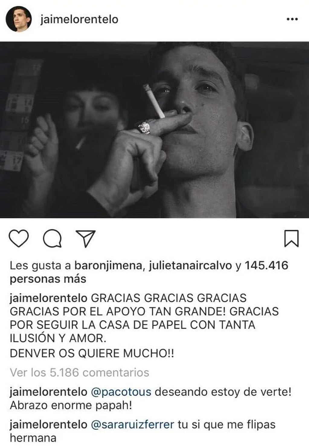 Jimena Barón intercambió likes con el actor español Jaime Lorente López.