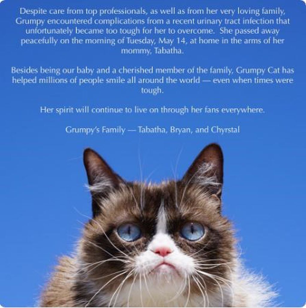 El comunicado por medio del cual la familia de Grumpy Cat informó su muerte (Twitter: @RealGrumpyCat)