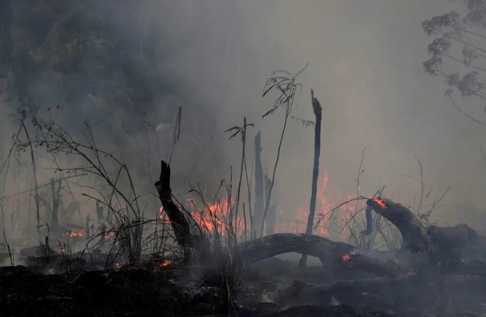 A fire burns along the road to Jacunda National Forest, near the city of Porto Velho in the Vila Nova Samuel region which is part of Brazil's Amazon, Monday, Aug. 26, 2019. The Group of Seven nations on Monday pledged tens of millions of dollars to help Amazon countries fight raging wildfires, even as Brazilian President Jair Bolsonaro accused rich countries of treating the region like a \