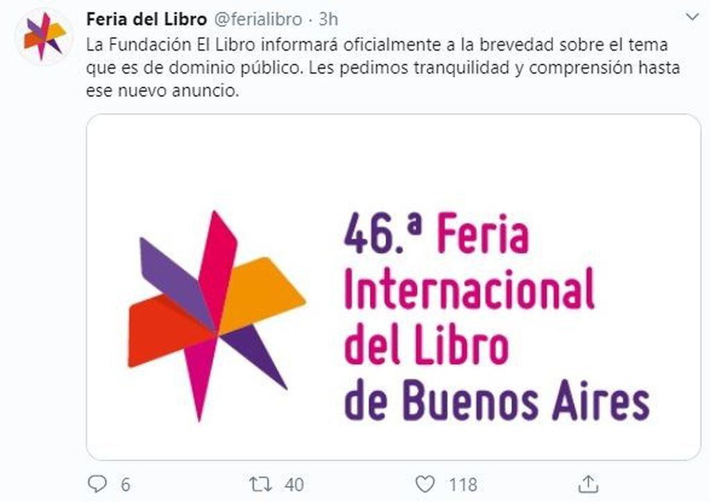 Cancelación de la Feria del Libro: la confirmación oficial llegará en las próximas horas. (Twitter/@ferialibro)