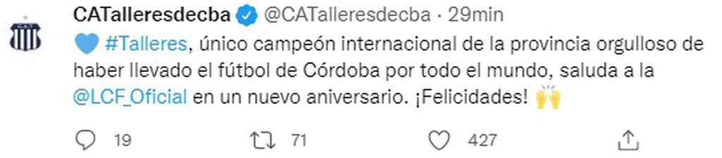 El sugestivo mensaje de Talleres a la Liga Cordobesa en su aniversario.