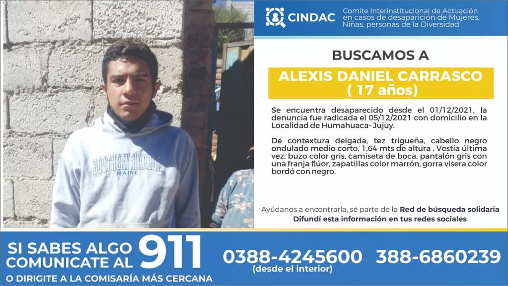 El joven Alexis Daniel Carrasco, residente en Humahuaca, es buscado desde el pasado miércoles.