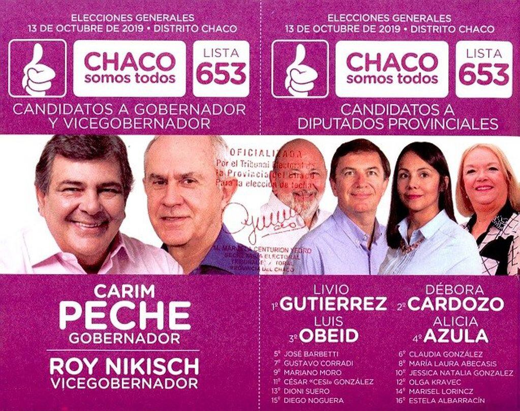 Boleta oficializada del Frente "Chaco Somos Todos"