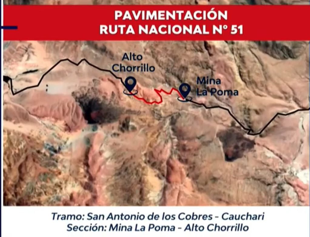El tramo de la Ruta 51 que va desde Mina La Poma hasta Alto Chorrillo