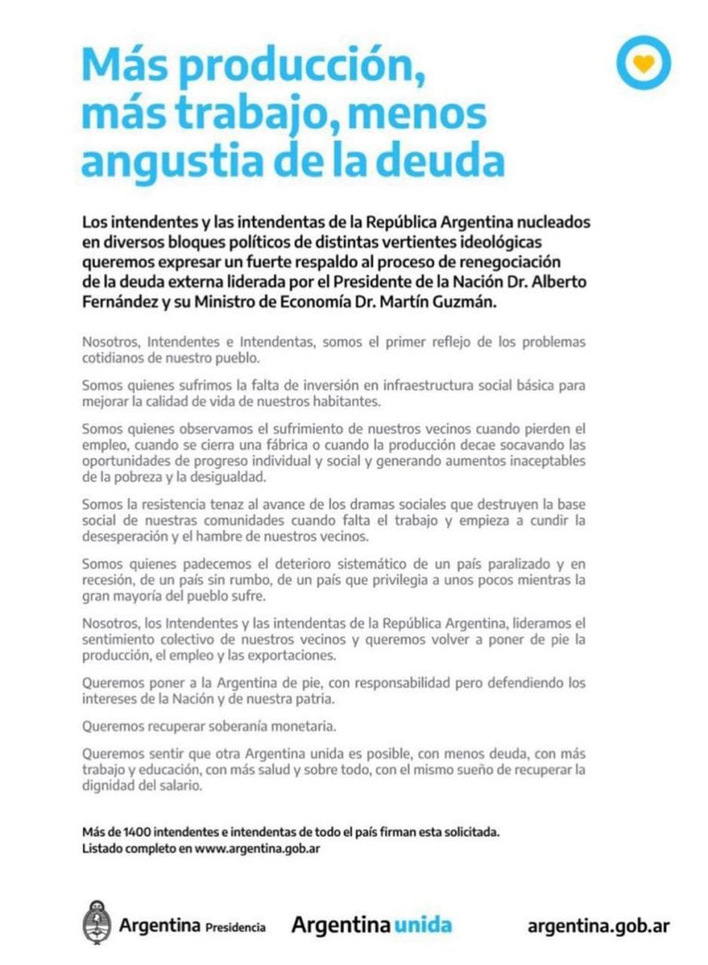 Apoyo de 1400 Intendentes de Argentina a la renegociación de deuda externa.