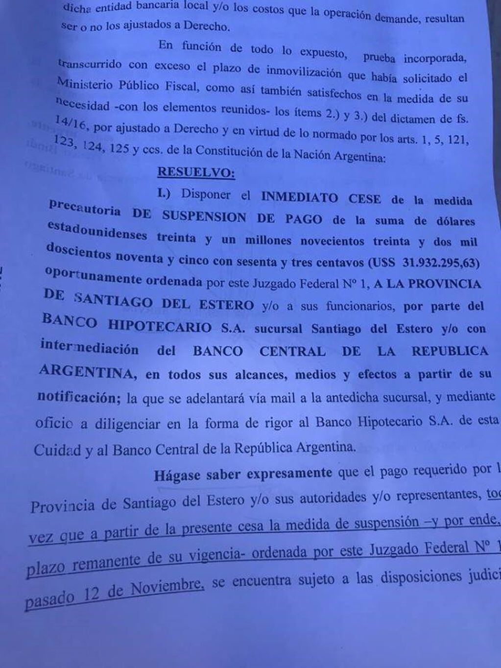 Ordenan al Banco Hipotecario a entregar 32 millones de dólares a Santiago del Estero