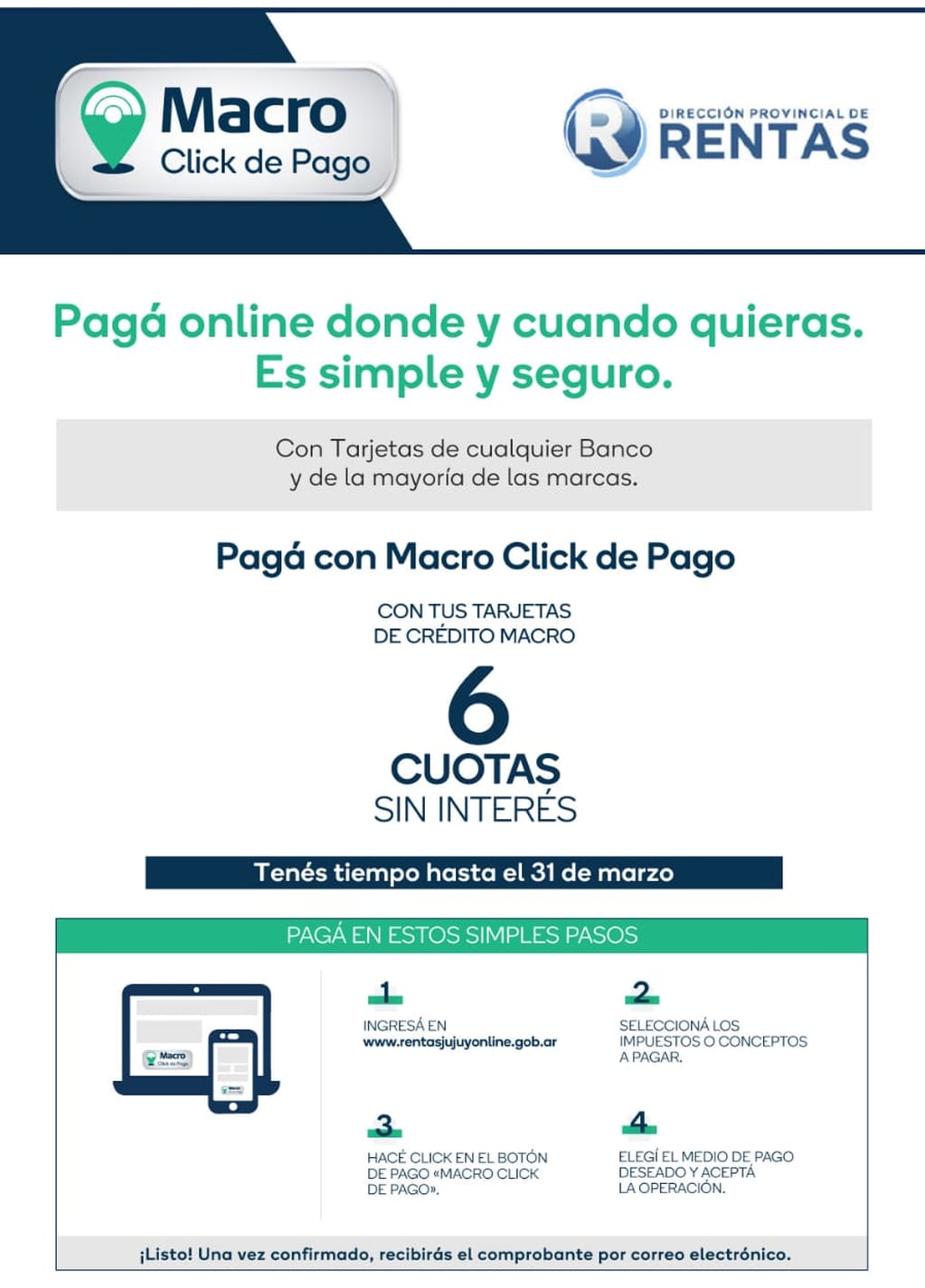 El sistema Macro Click de Pago permite a los contribuyentes de Jujuy abonar sus impuestos hasta en seis cuotas sin interés.